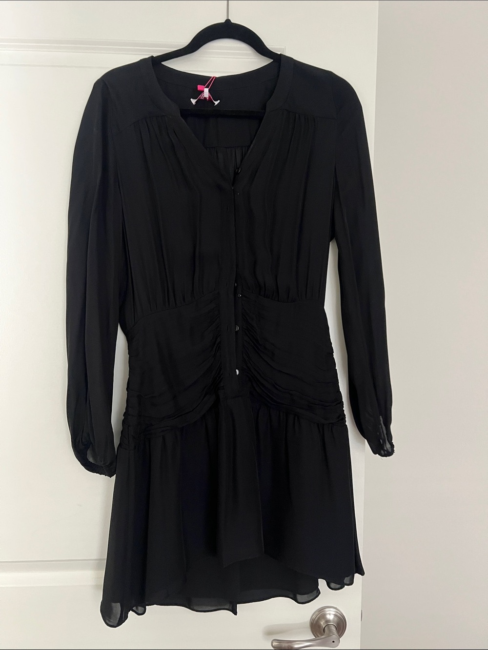 Parker Black Long-Sleeve Ruched Button Front Dress